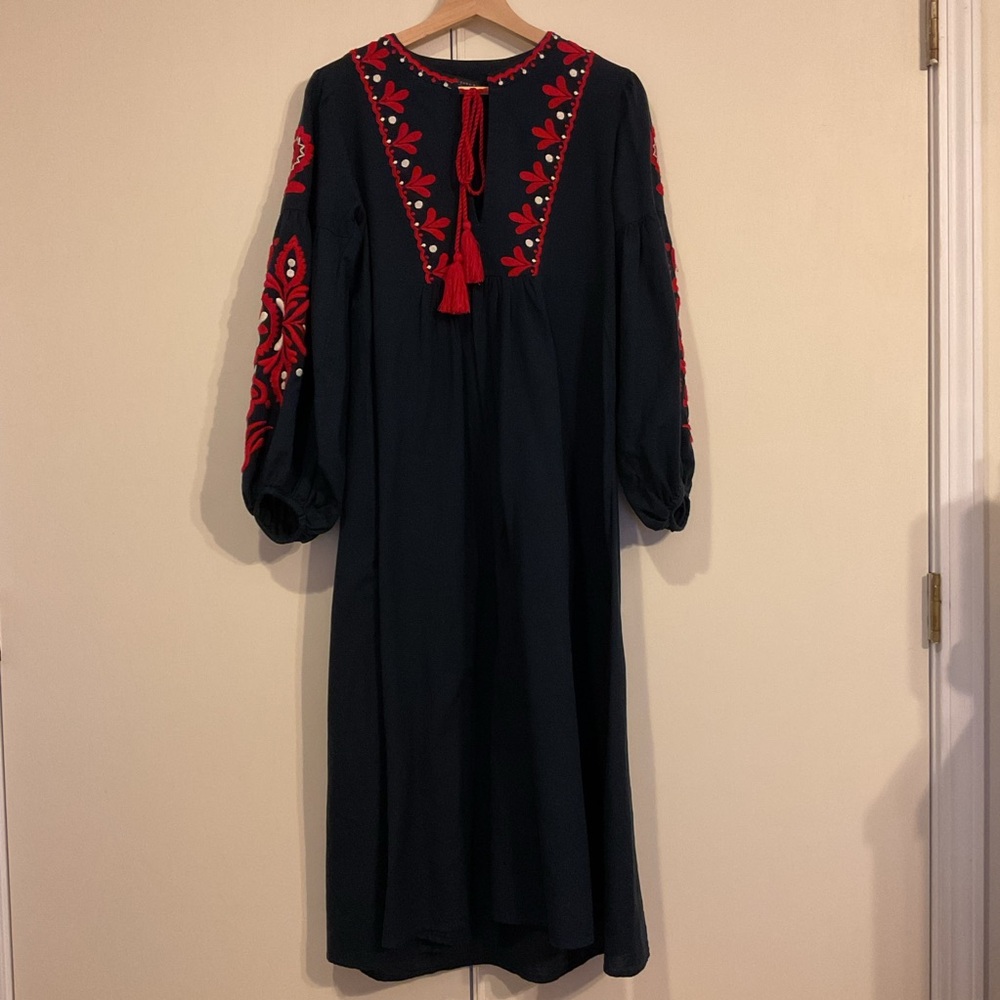 Zara Woman Boho Navy Blue Red Embroidered Tunic Long Sleeve Midi Dress Women’s L - Picture 2 of 14